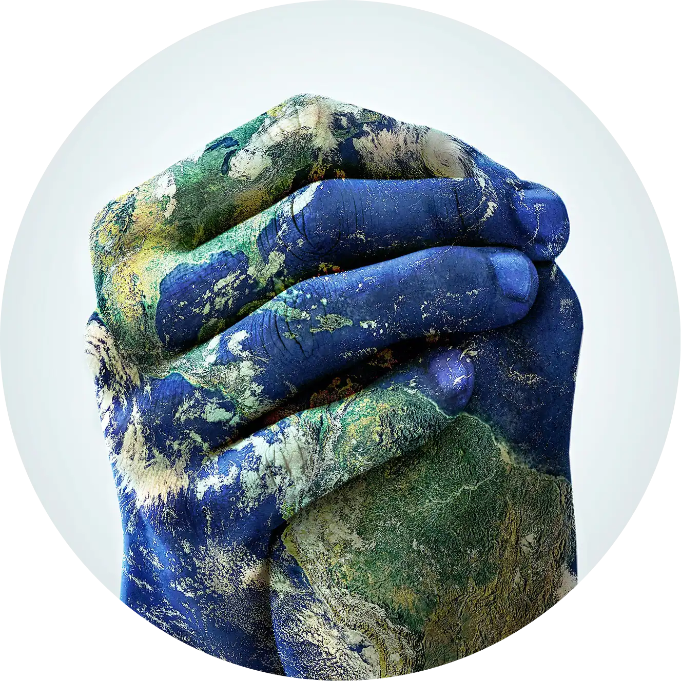 Two hands painted with Earth's continents and oceans clasped together